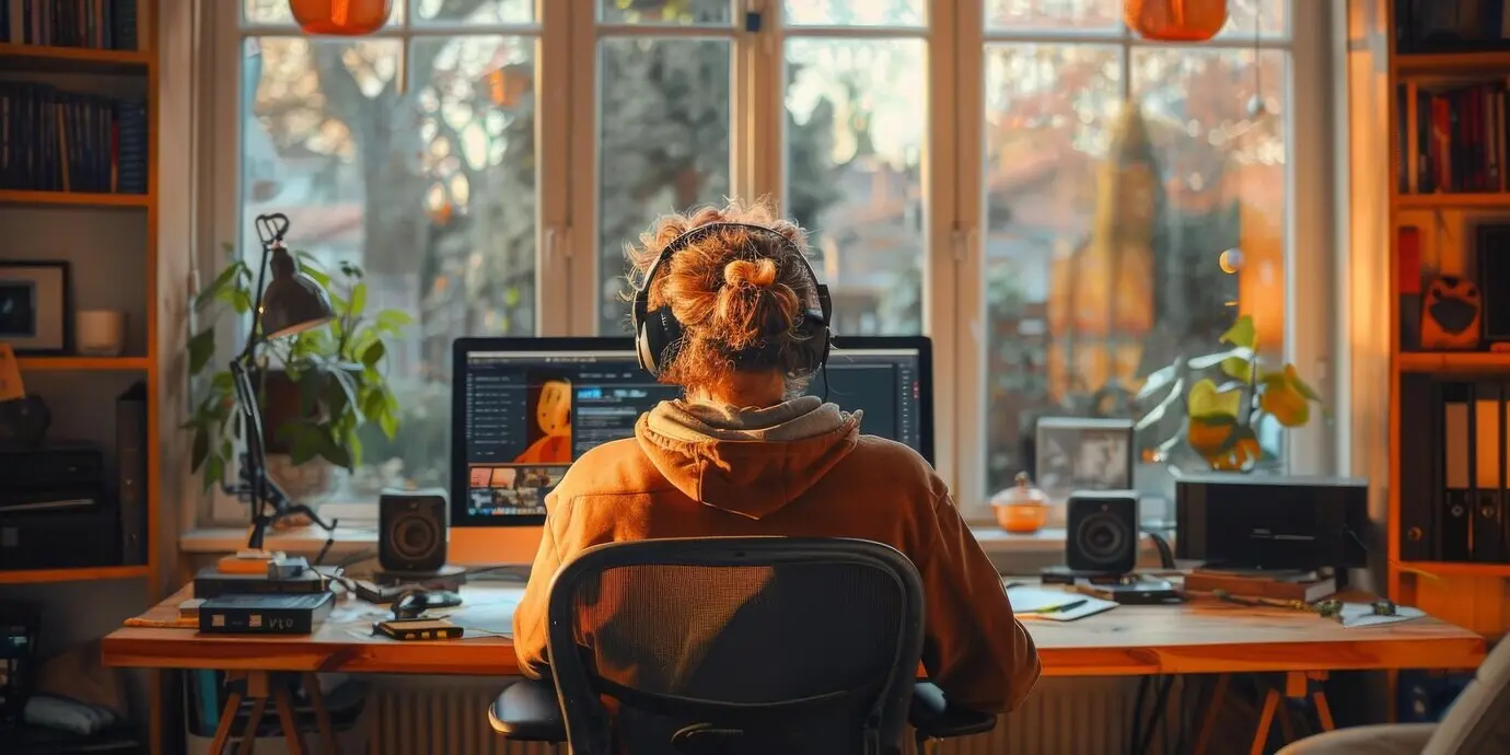 Мужчина в наушниках сидит за столом перед компьютером.